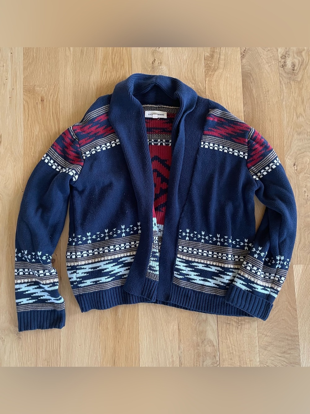LUCKY BRAND Navy Open-Front Aztec Knit Cardigan with Red Accents - Size S